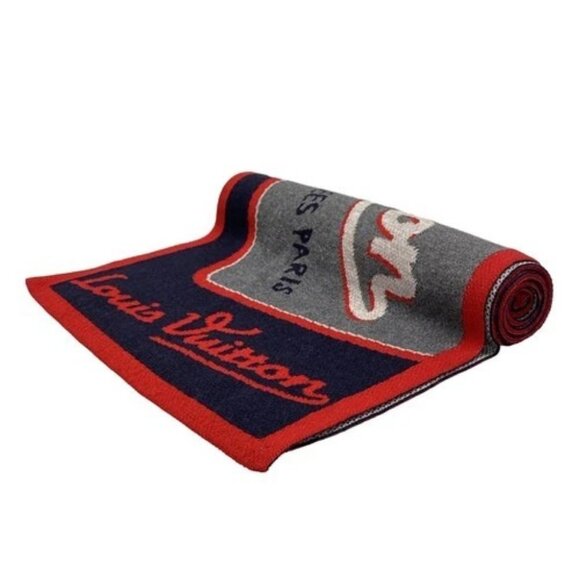 LOUIS VUITTON Echalp Travel Stamps M71638 Gray Red Multi - MY0197 Scarf Wool